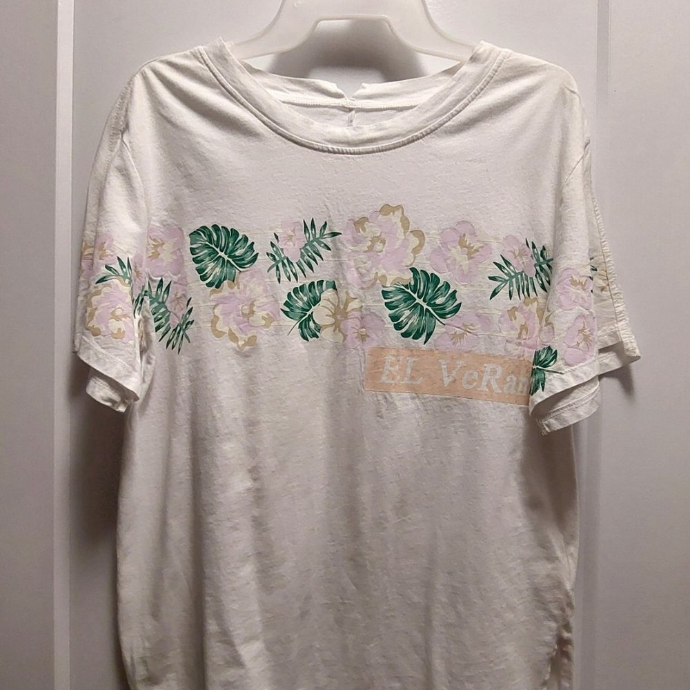 CC COLLECT Women's 100% Cotton White Short Sleeves w/Floral Print Tee - Medium